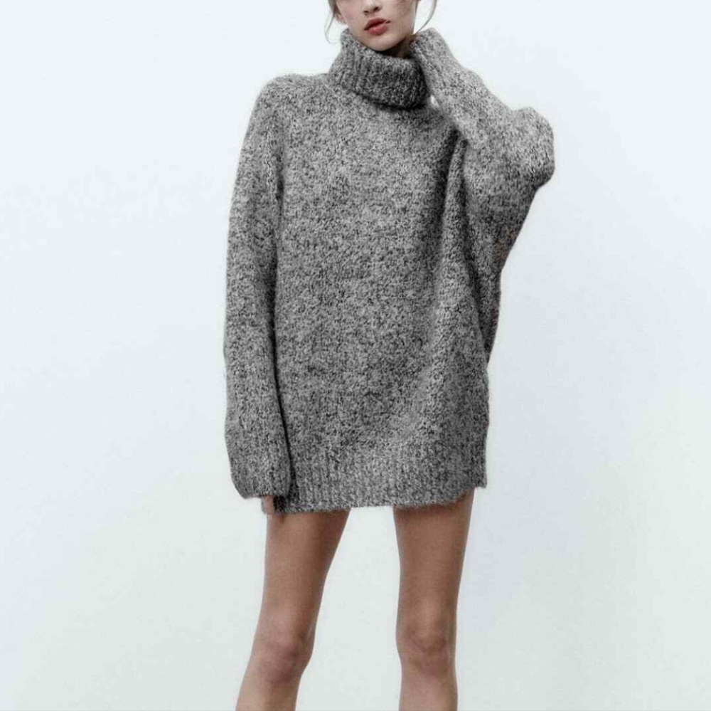 Zara Chunky Knit Heather Gray Oversized Turtleneck Long Sweater Size Small
